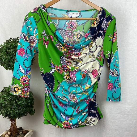 Carmen Marc Valvo Dark Floral Print Half Sleeve Drape Neck Blouse top M - Picture 2 of 8